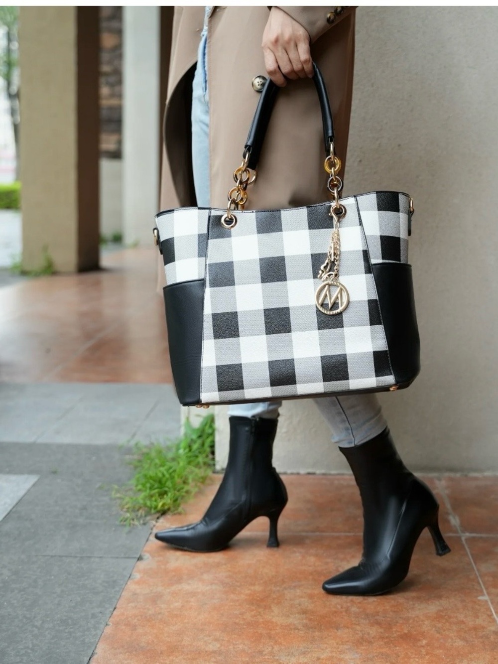 MKF Collection Checkerboard Tote Bag with Wallet - Black & White - Picture 6 of 11